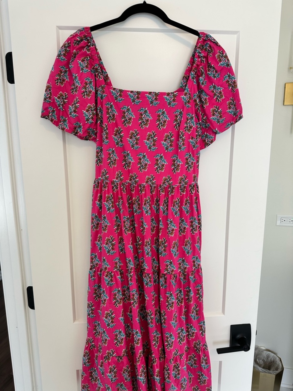 J. Crew Pink Floral Square-Neck Maxi Dress with Puff Sleeves